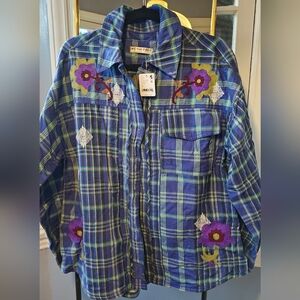 We The Free X Sashiko Blue Embroidered Shirt, NWT, Medium